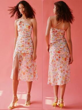 For Love & Lemons Desmona Multi Floral One-Shoulder Rosette Midi Dress NWT $250